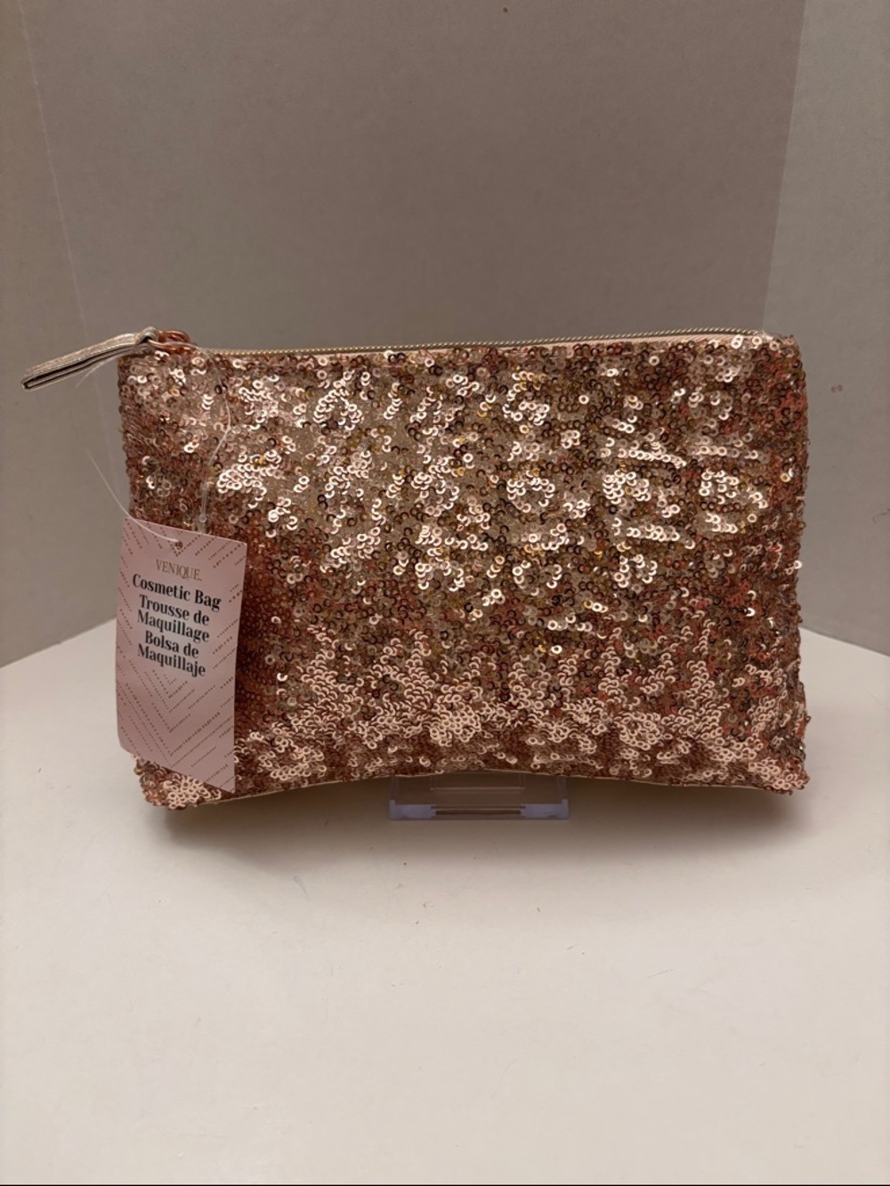 Venique Rose Gold Sequin Cosmetic Bag 8” x 6” x2” Deep